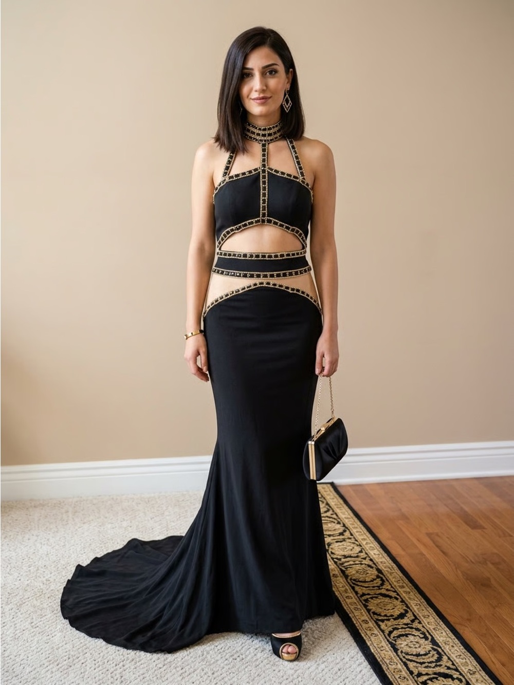 JASZ COUTURE | Black Beaded Halter Cutout Gown Sz 10